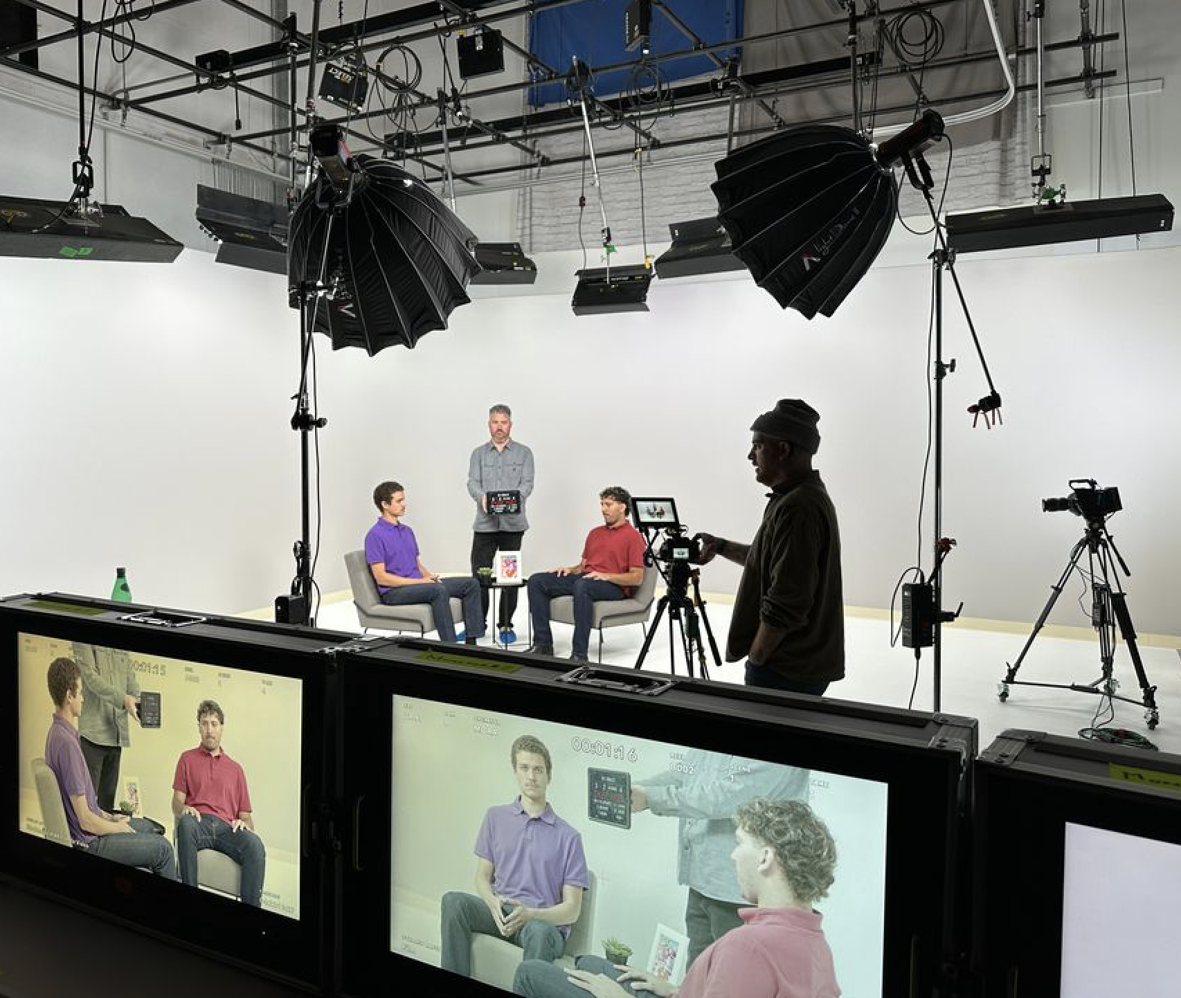 DawnSign production studio filming ASL instructional video with on-set monitors